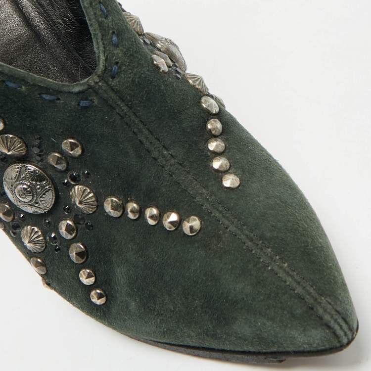Pre Owned Giuseppe Zanotti Green Suede Studded Ankle Length Boots Size 35.5 