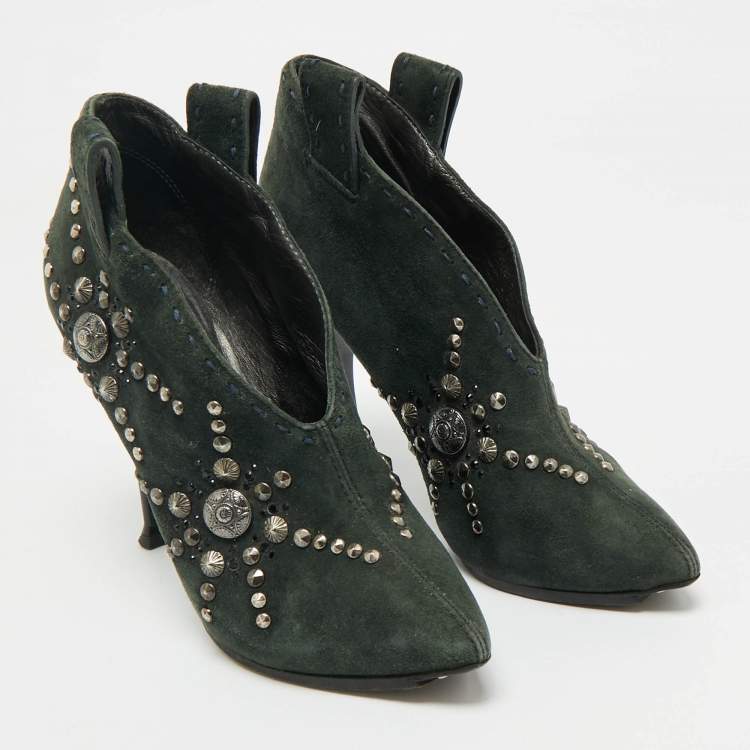 Pre Owned Giuseppe Zanotti Green Suede Studded Ankle Length Boots Size 35.5 
