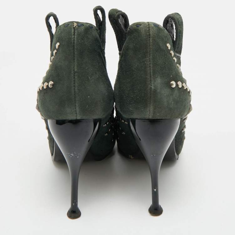 Pre Owned Giuseppe Zanotti Green Suede Studded Ankle Length Boots Size 35.5 
