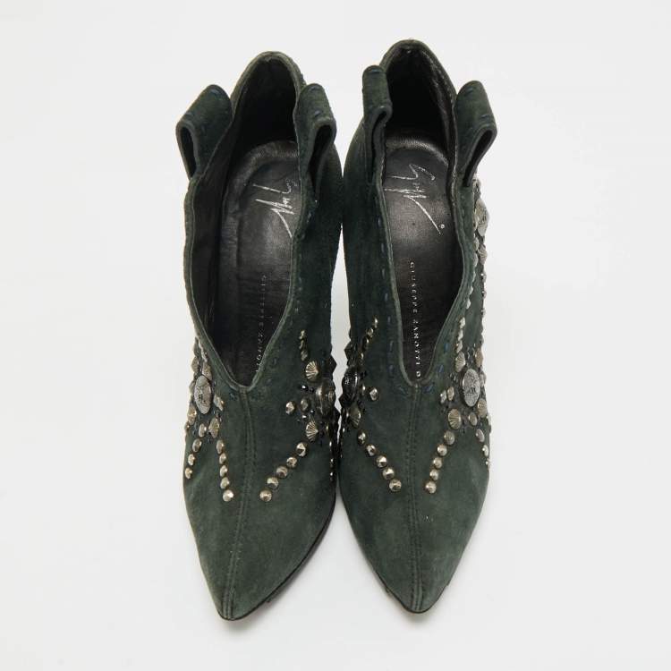 Pre Owned Giuseppe Zanotti Green Suede Studded Ankle Length Boots Size 35.5 