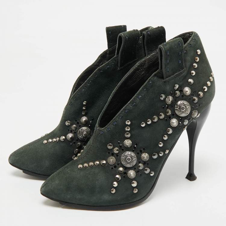 Pre Owned Giuseppe Zanotti Green Suede Studded Ankle Length Boots Size 35.5 