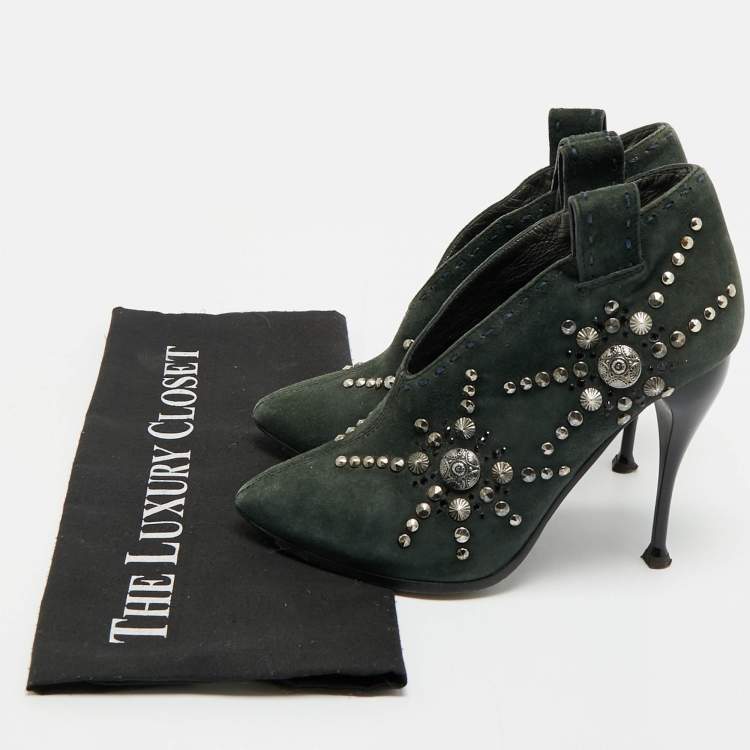 Pre Owned Giuseppe Zanotti Green Suede Studded Ankle Length Boots Size 35.5 