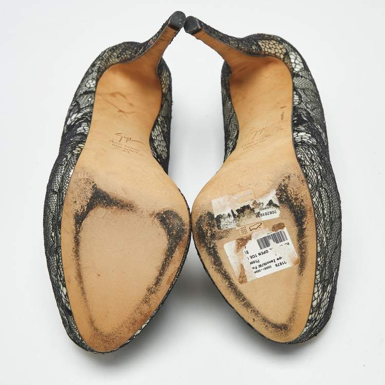 Pre Owned Giuseppe Zanotti Black/White Floral Lace Peep Toe Platform Pumps Size 41