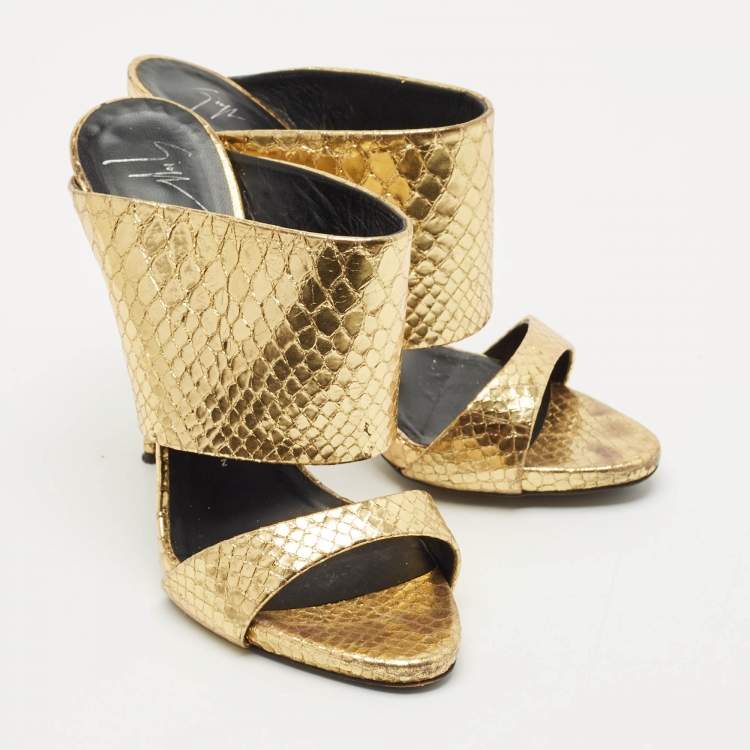 Pre Owned Giuseppe Zanotti Gold Python Embossed Leather Andrea Slide Sandals Size 40