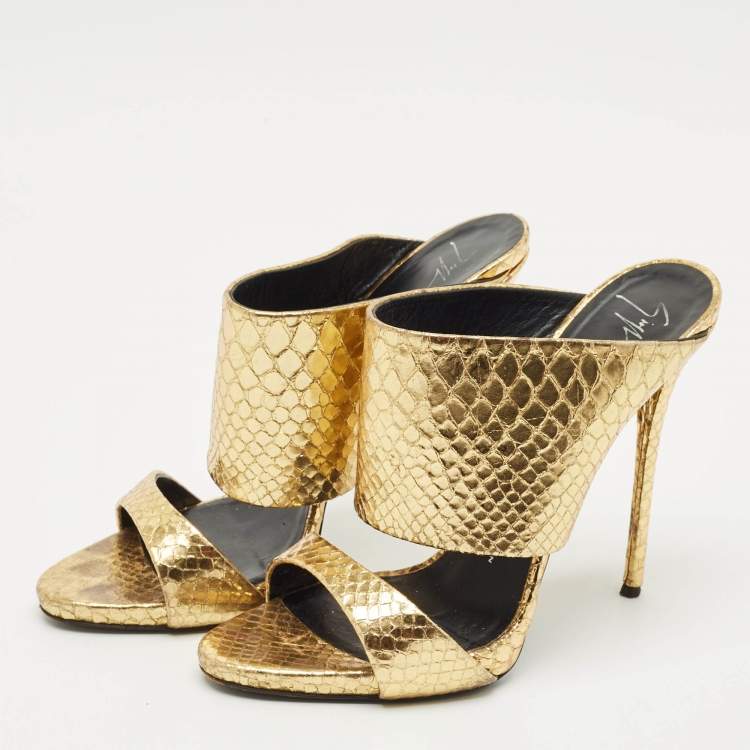 Pre Owned Giuseppe Zanotti Gold Python Embossed Leather Andrea Slide Sandals Size 40