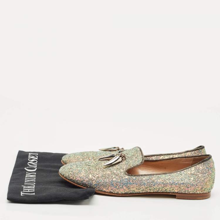 Pre Owned Giuseppe Zanotti Multicolor Glitter and Suede Shark Tooth Smoking Slippers Size 38.5