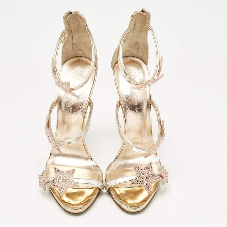 Pre Owned Giuseppe Zanotti Rose Gold Leather Harmony Star Sandals Size 37.5