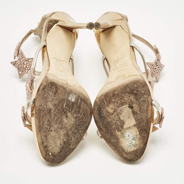 Pre Owned Giuseppe Zanotti Rose Gold Leather Harmony Star Sandals Size 37.5