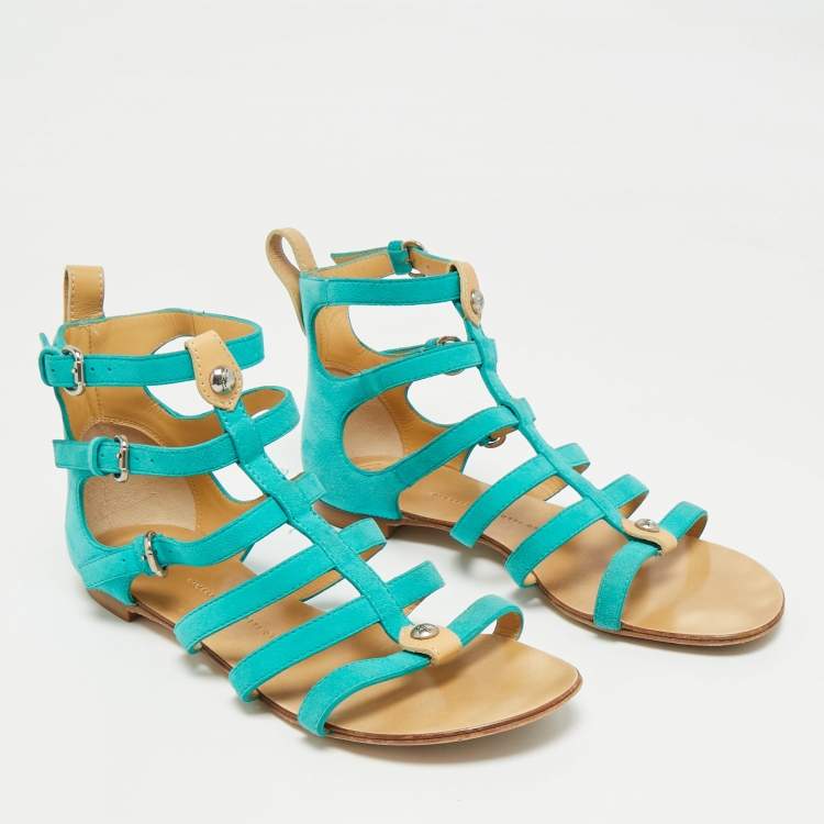 Pre Owned Giuseppe Zanotti Blue Suede Strappy Flat Sandals Size 38.5