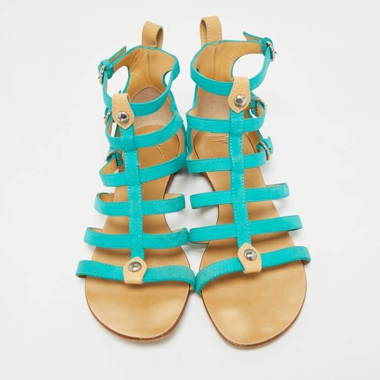 Pre Owned Giuseppe Zanotti Blue Suede Strappy Flat Sandals Size 38.5