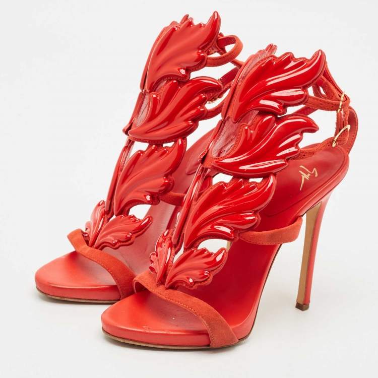 Pre Owned Giuseppe Zanotti Red Suede Cruel Wing Ankle Strap Sandals Size 36