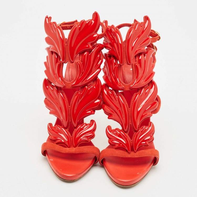 Pre Owned Giuseppe Zanotti Red Suede Cruel Wing Ankle Strap Sandals Size 36
