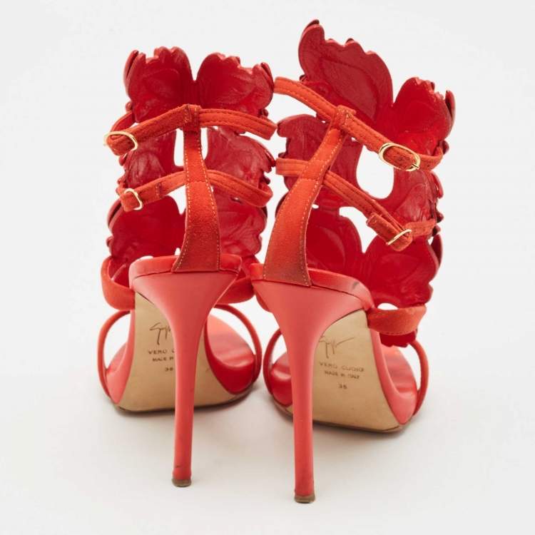 Pre Owned Giuseppe Zanotti Red Suede Cruel Wing Ankle Strap Sandals Size 36