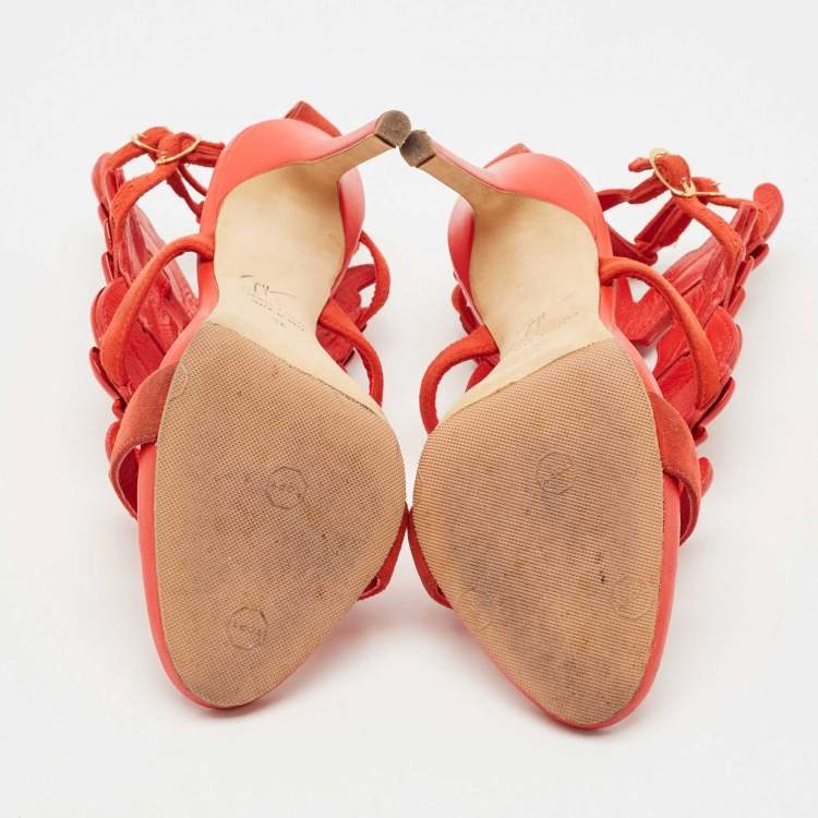 Pre Owned Giuseppe Zanotti Red Suede Cruel Wing Ankle Strap Sandals Size 36