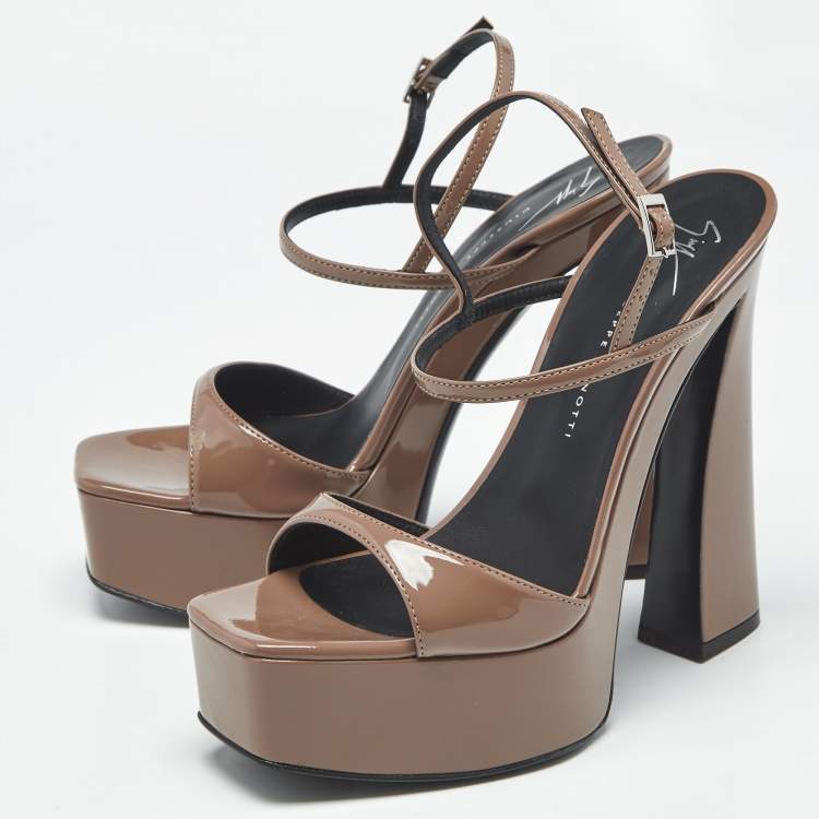 Pre Owned Giuseppe Zanotti Taupe Brown Patent Leather Sylvy Ankle Strap Platform Sandals Size 36