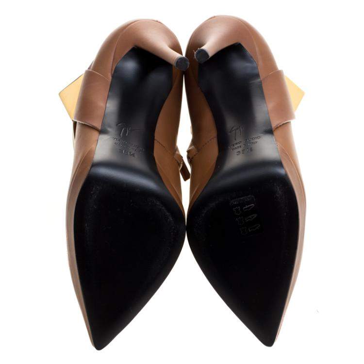 Pre Owned Giuseppe Zanotti Brown Leather Pyramid Stud Platform Ankle Boots Size 38.5