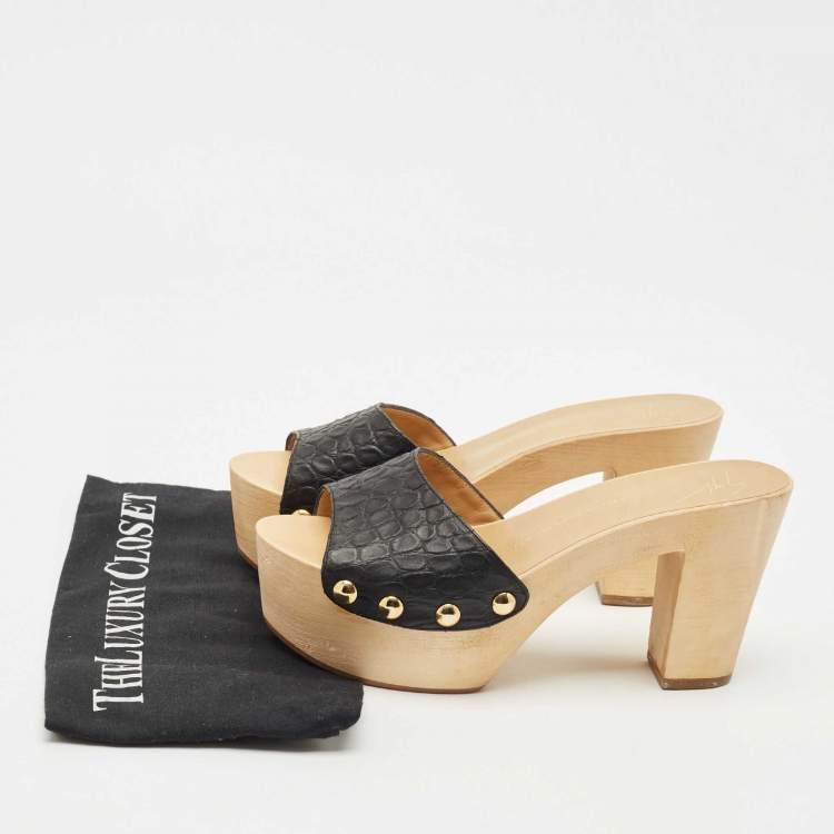 Pre Owned Giuseppe Zanotti Black Croc Embossed Leather Platform Clogs Size 38