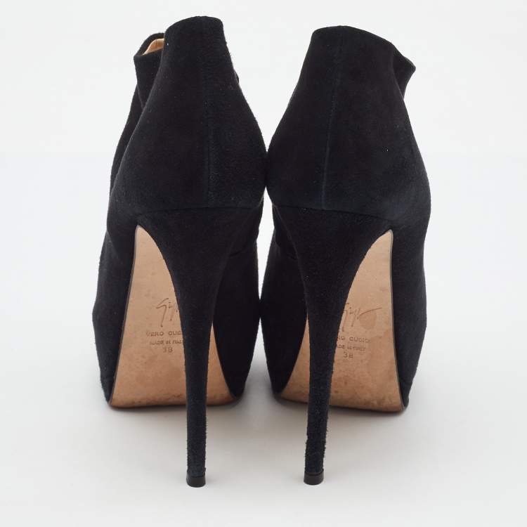 Pre Owned Giuseppe Zanotti Black Suede Peep Toe Platform Ankle Booties Size 38