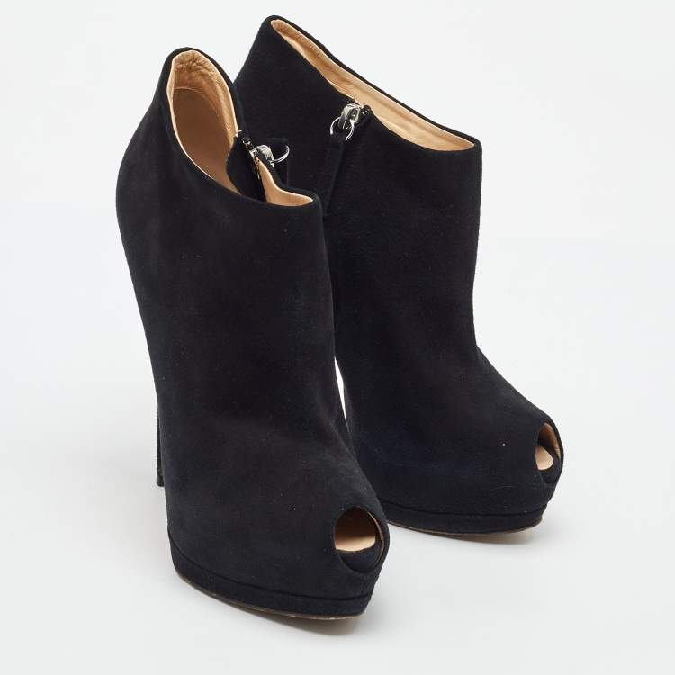 Pre Owned Giuseppe Zanotti Black Suede Peep Toe Platform Ankle Booties Size 38