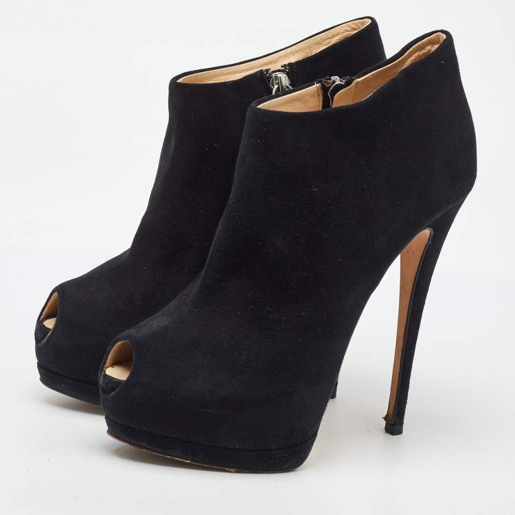 Pre Owned Giuseppe Zanotti Black Suede Peep Toe Platform Ankle Booties Size 38