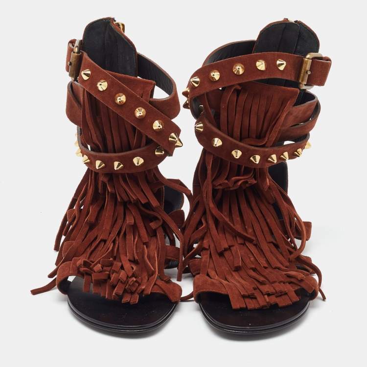 Pre Owned Giuseppe Zanotti Brown Suede Studded Fringe Gladiator Flat Sandals Size 37.5