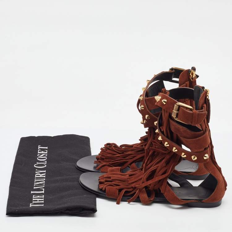 Pre Owned Giuseppe Zanotti Brown Suede Studded Fringe Gladiator Flat Sandals Size 37.5