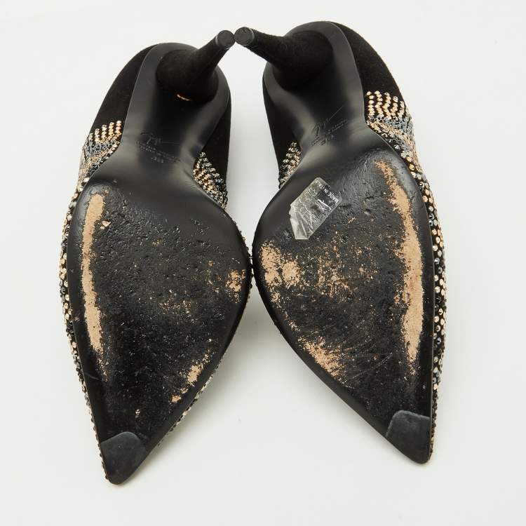 Pre Owned Giuseppe Zanotti Black Suede Crystal Embellished Pointed Toe Pumps Size 38