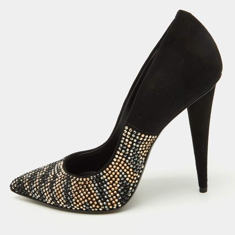 Pre Owned Giuseppe Zanotti Black Suede Crystal Embellished Pointed Toe Pumps Size 38