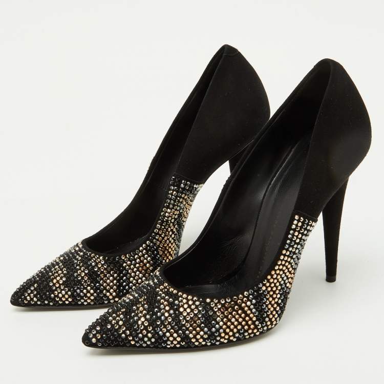Pre Owned Giuseppe Zanotti Black Suede Crystal Embellished Pointed Toe Pumps Size 38