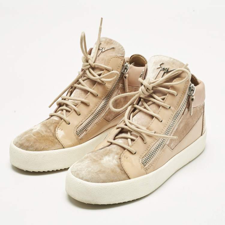 Pre Owned Giuseppe Zanotti Beige Velvet and Patent Frankie High Top Sneakers Size 39