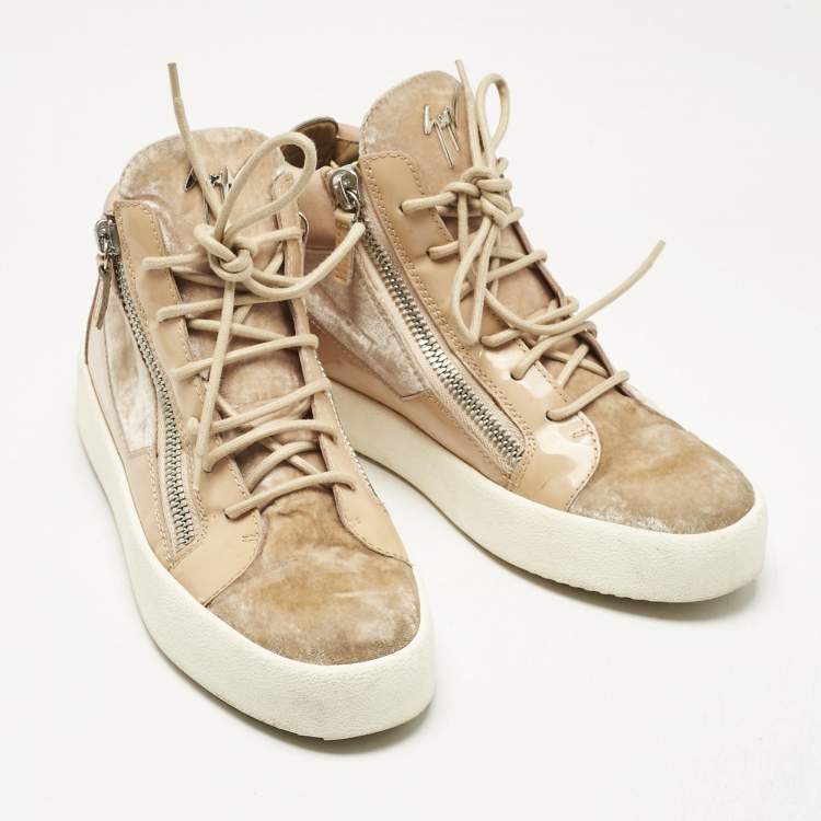 Pre Owned Giuseppe Zanotti Beige Velvet and Patent Frankie High Top Sneakers Size 39