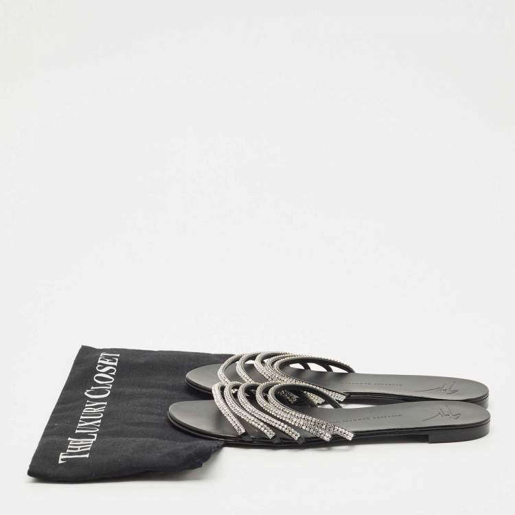 Pre Owned Giuseppe Zanotti Black/Silver Crystal Embellished Leather Flat Slides Size 40