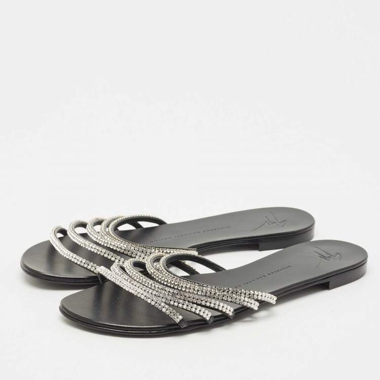 Pre Owned Giuseppe Zanotti Black/Silver Crystal Embellished Leather Flat Slides Size 40