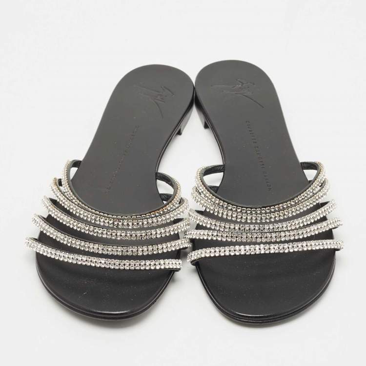 Pre Owned Giuseppe Zanotti Black/Silver Crystal Embellished Leather Flat Slides Size 40