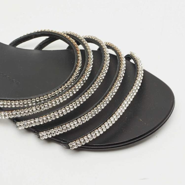 Pre Owned Giuseppe Zanotti Black/Silver Crystal Embellished Leather Flat Slides Size 40