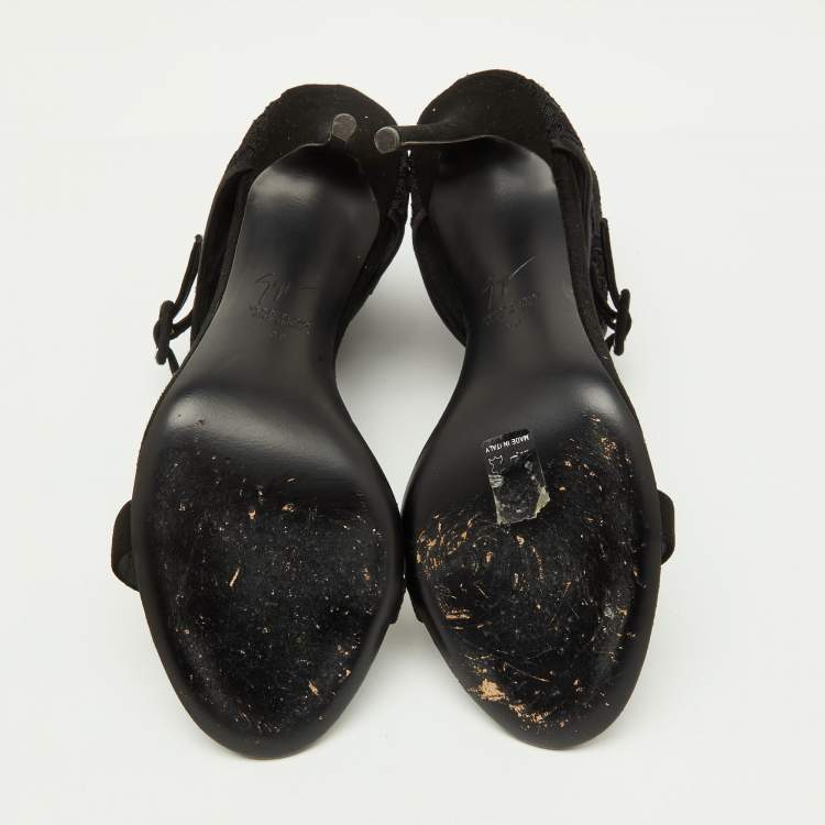 Pre Owned Giuseppe Zanotti Black Suede and Lace Ankle Sandals Size 38