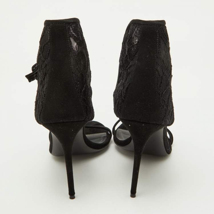 Pre Owned Giuseppe Zanotti Black Suede and Lace Ankle Sandals Size 38