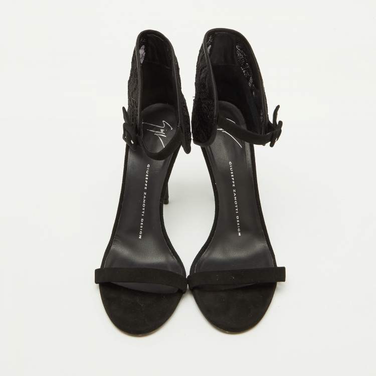 Pre Owned Giuseppe Zanotti Black Suede and Lace Ankle Sandals Size 38