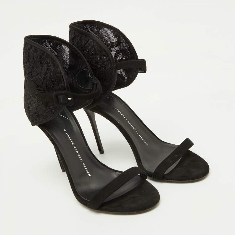Pre Owned Giuseppe Zanotti Black Suede and Lace Ankle Sandals Size 38