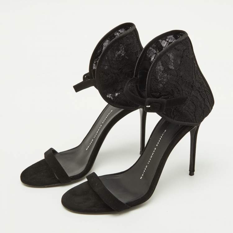 Pre Owned Giuseppe Zanotti Black Suede and Lace Ankle Sandals Size 38