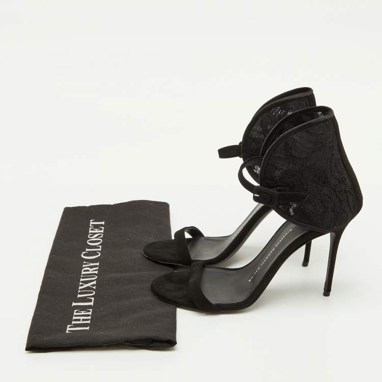 Pre Owned Giuseppe Zanotti Black Suede and Lace Ankle Sandals Size 38