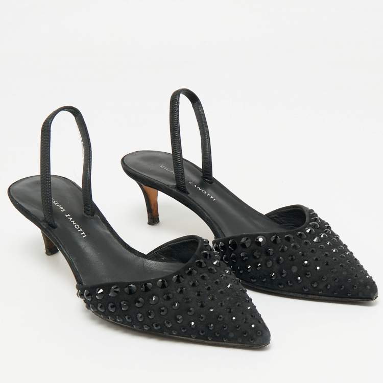 Pre Owned Giuseppe Zanotti Black Satin Crystal Embellished Slingback Pumps Size 36