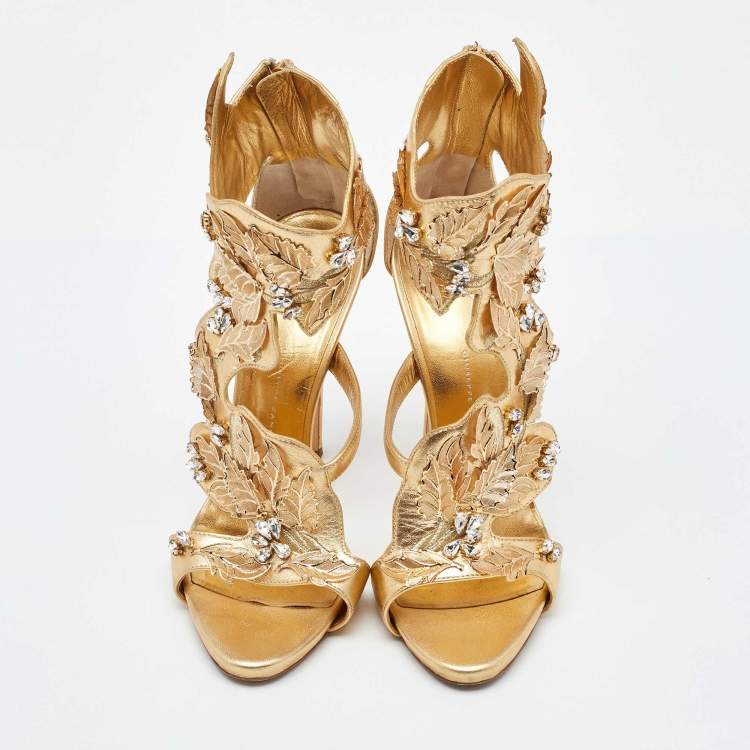 Pre Owned Giuseppe Zanotti Gold Leather Coline Embellished Sandals Size 38