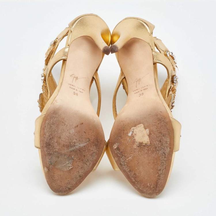Pre Owned Giuseppe Zanotti Gold Leather Coline Embellished Sandals Size 38
