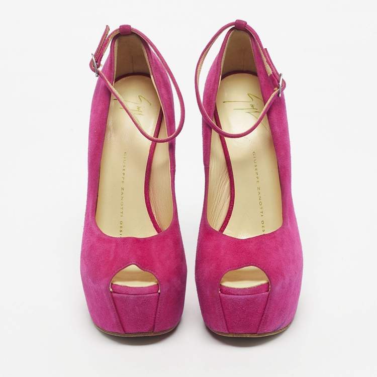 Pre Owned Giuseppe Zanotti Pink Suede Curve Jem Peep Toe Platform Pumps Size 35