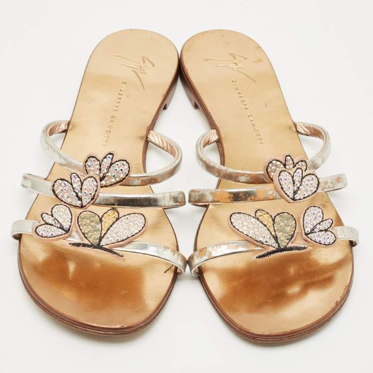 Pre Owned Giuseppe Zanotti Silver Leather  Crystal Embellished Flat Slides Size 37