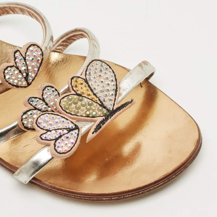 Pre Owned Giuseppe Zanotti Silver Leather  Crystal Embellished Flat Slides Size 37