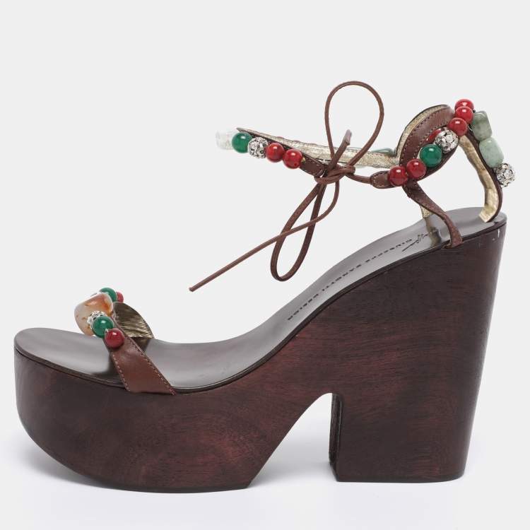 Pre Owned Giuseppe Zanotti Brown Leather Beads and Stone Embellished Wedge Sandals Size 38