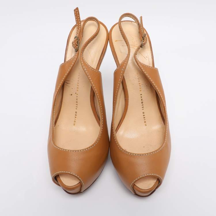 Pre Owned Giuseppe Zanotti Tan Leather Slingback Platform Pumps Size 35
