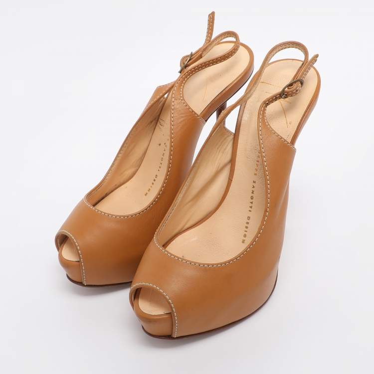 Pre Owned Giuseppe Zanotti Tan Leather Slingback Platform Pumps Size 35